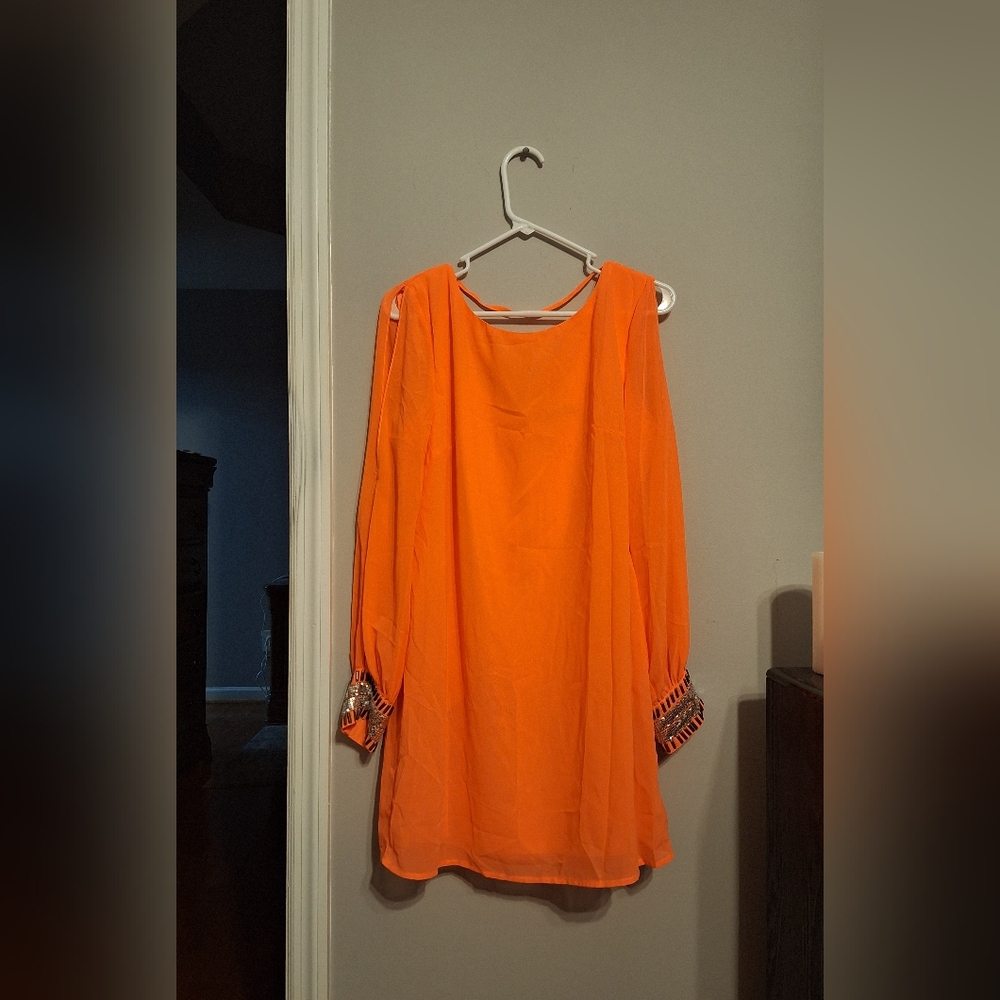 Ark & Co Orange Long Sleeve Shift Dress with Embellished Cuffs